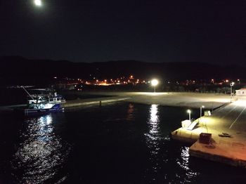 River in illuminated city at night