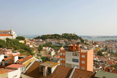 High angle view of townscape against clear sky