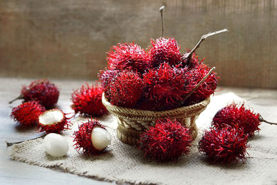 High angle view of strawberries on table