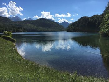 Calm lake with mountains in background