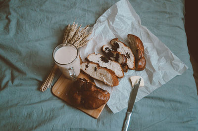 High angle view of breakfast on table