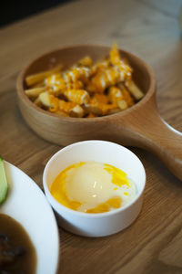 High angle view of breakfast served on table