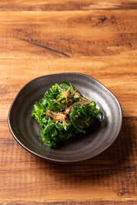 High angle view of salad in bowl on table