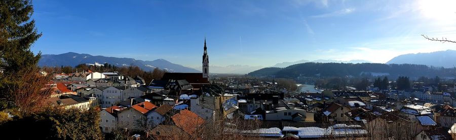 High angle shot of townscape against sky
