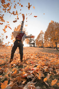 Man standing by dry leaves during autumn