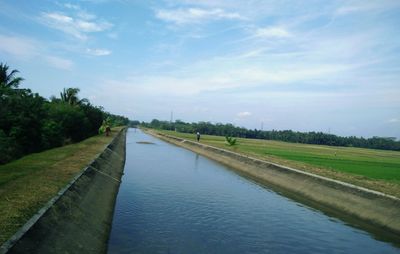 Scenic view of canal amidst trees against sky