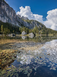 Scenic view of lake and mountains against sky