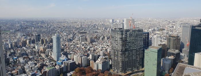 High angle view of modern buildings in city