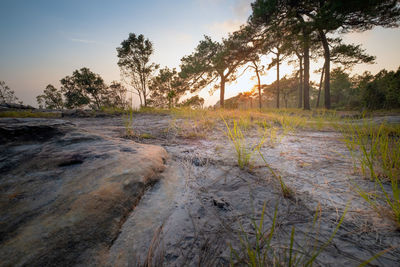 Scenic view of waterfall against sky at sunset