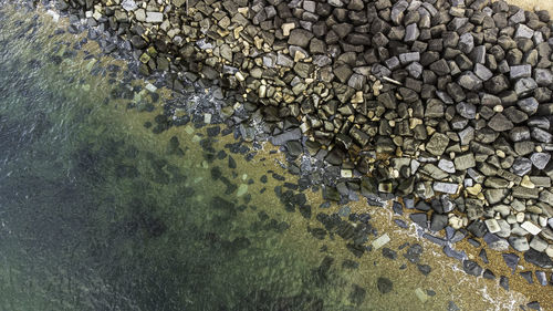 High angle view of stack of stones in forest