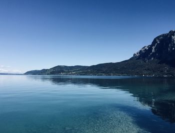 Scenic view of sea against clear blue sky