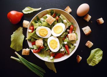 High angle view of breakfast on table