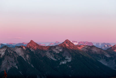Scenic view of mountains against sky during sunset