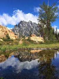 Reflection of mountain and clouds on water