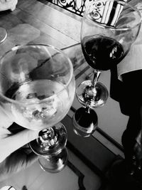 High angle view of wine glasses on table