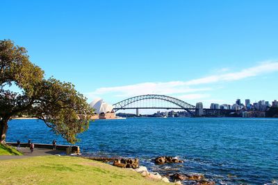 Bridge over river with city in background