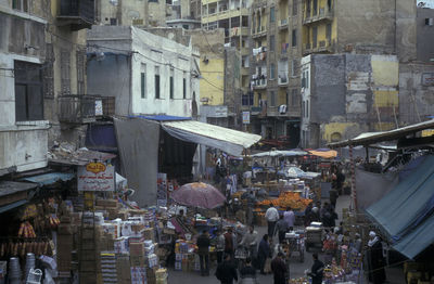 High angle view of people in city