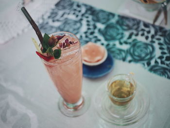 High angle view of drink on table