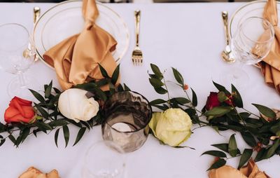 High angle view of rose bouquet on table