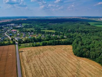 High angle view of field against sky