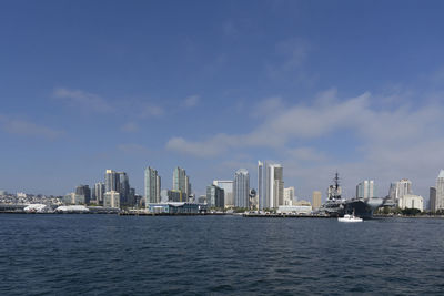 View of skyline and uss midway aircraft carrier in downtown san diego california