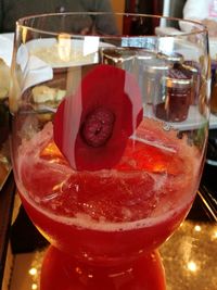 Close-up of beer in glass on table