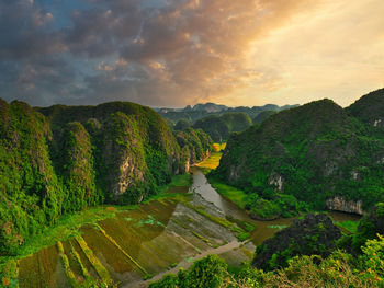 Scenic view of agricultural landscape against sky during sunset