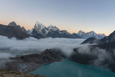 Scenic view of mountains against clear sky during sunset