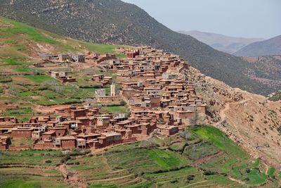 Aerial view of atlas mountain range and village in morocco 