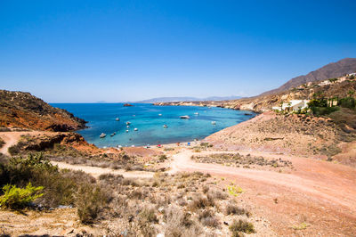 Scenic view of sea against clear blue sky