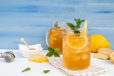 Glass of juice on table