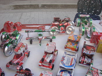 High angle view of toys for sale at market stall