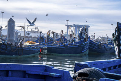 Wooden blue fishing boats anchored at marina against cloudy sky