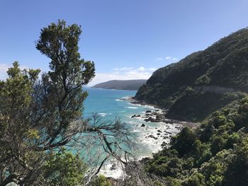 Scenic view of sea against clear blue sky