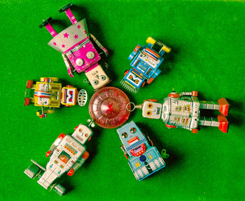 High angle view of toys