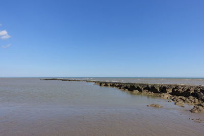 Scenic view of sea against clear blue sky