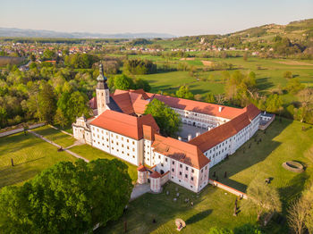 High angle view of buildings against sky