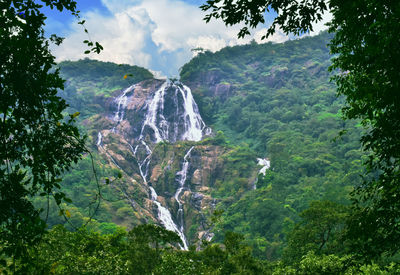 Scenic view of waterfall against sky