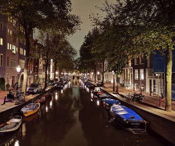 Boats moored on canal in city