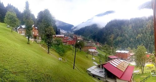 Panoramic view of houses and trees against sky