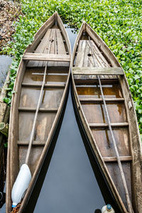 High angle view of boats against plants