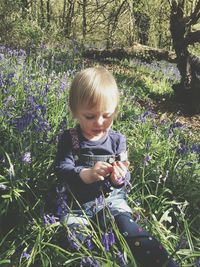 Girl sitting amidst bluebells on field