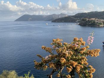 Scenic view of sea by mountains against sky