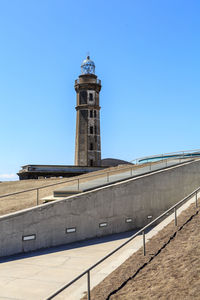 Low angle view of lighthouse against building against clear blue sky