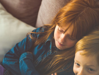 High angle portrait of mother and girl