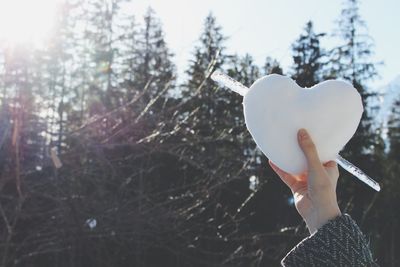 Cropped hand holding frozen heart shape during winter