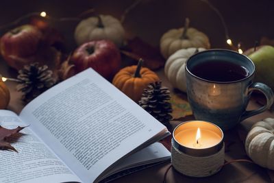 High angle view of tea light candles on table