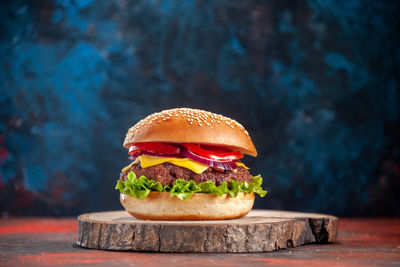 Close-up of burger on table