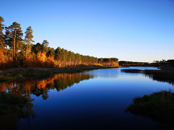 Scenic view of lake against clear blue sky