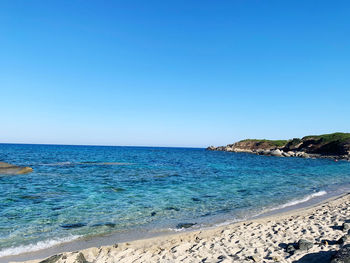 Scenic view of sea against clear blue sky